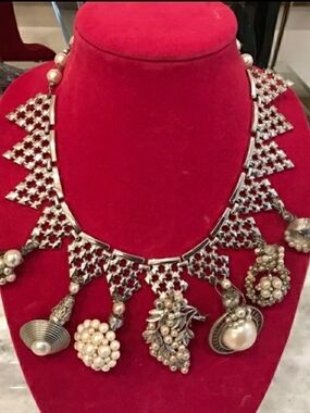 Silver-Tone Pearl Charm Bib Necklace - Silver